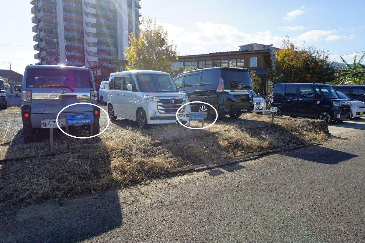 白丸で囲んだ看板があるところにお停めください